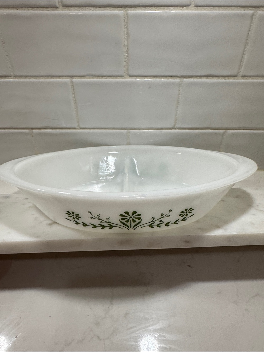 Vintage Collectors Glasbake Green Daisy Divided Casserole Dish